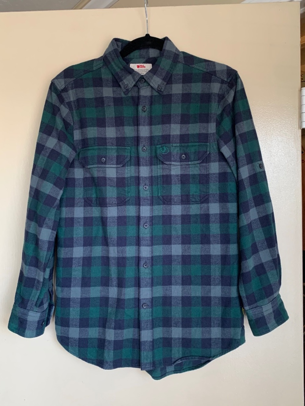 Fjallraven Skog Button Up Flannel Shirt Blue Green Plaid Slim Fit Men's S